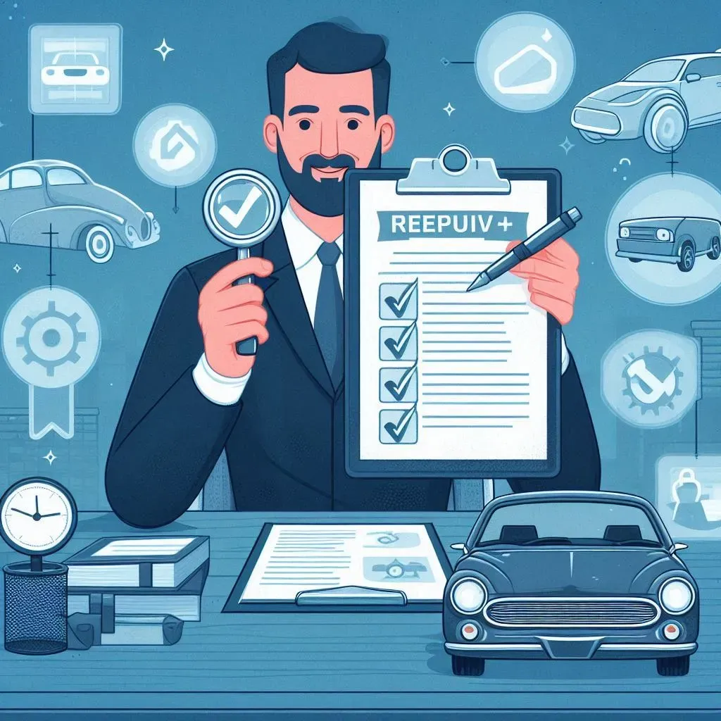 Persona de traje sosteniendo documento de auto con todas las revisiones