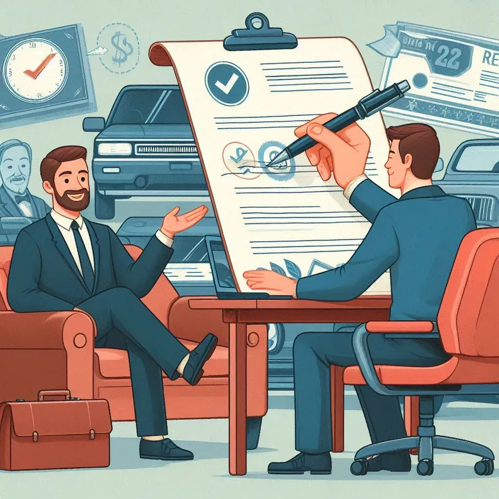 Abogado firmando documento de auto frente a su cliente