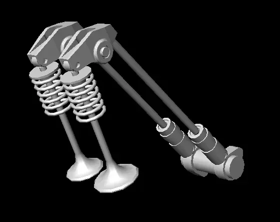 Diagrama de un motor pushrod mostrando varillas de empuje y balancines