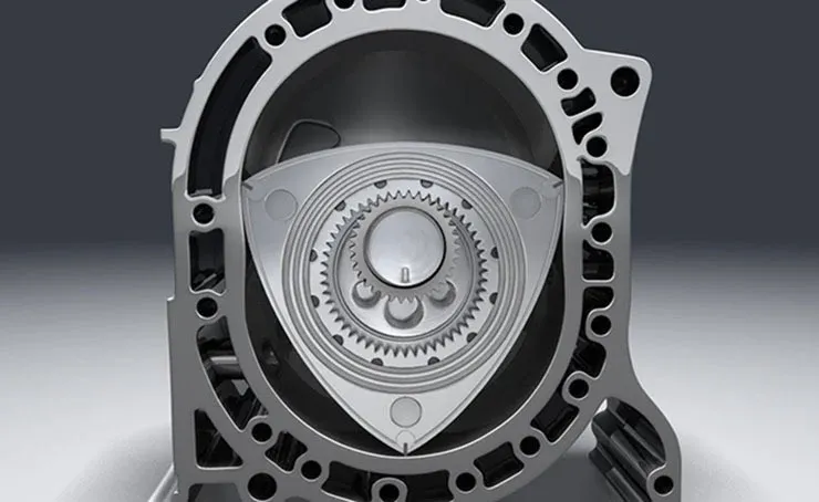 Componentes internos de un motor rotativo Mazda desarmado