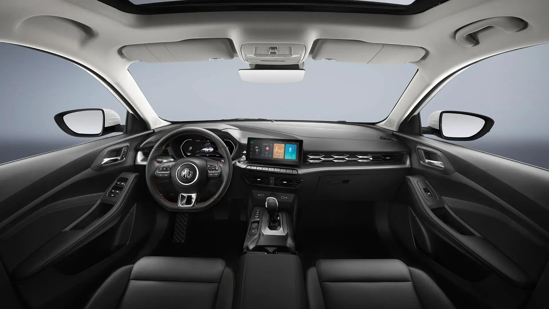Interior del MG GT mostrando la pantalla táctil central y el cuadro de instrumentos digital