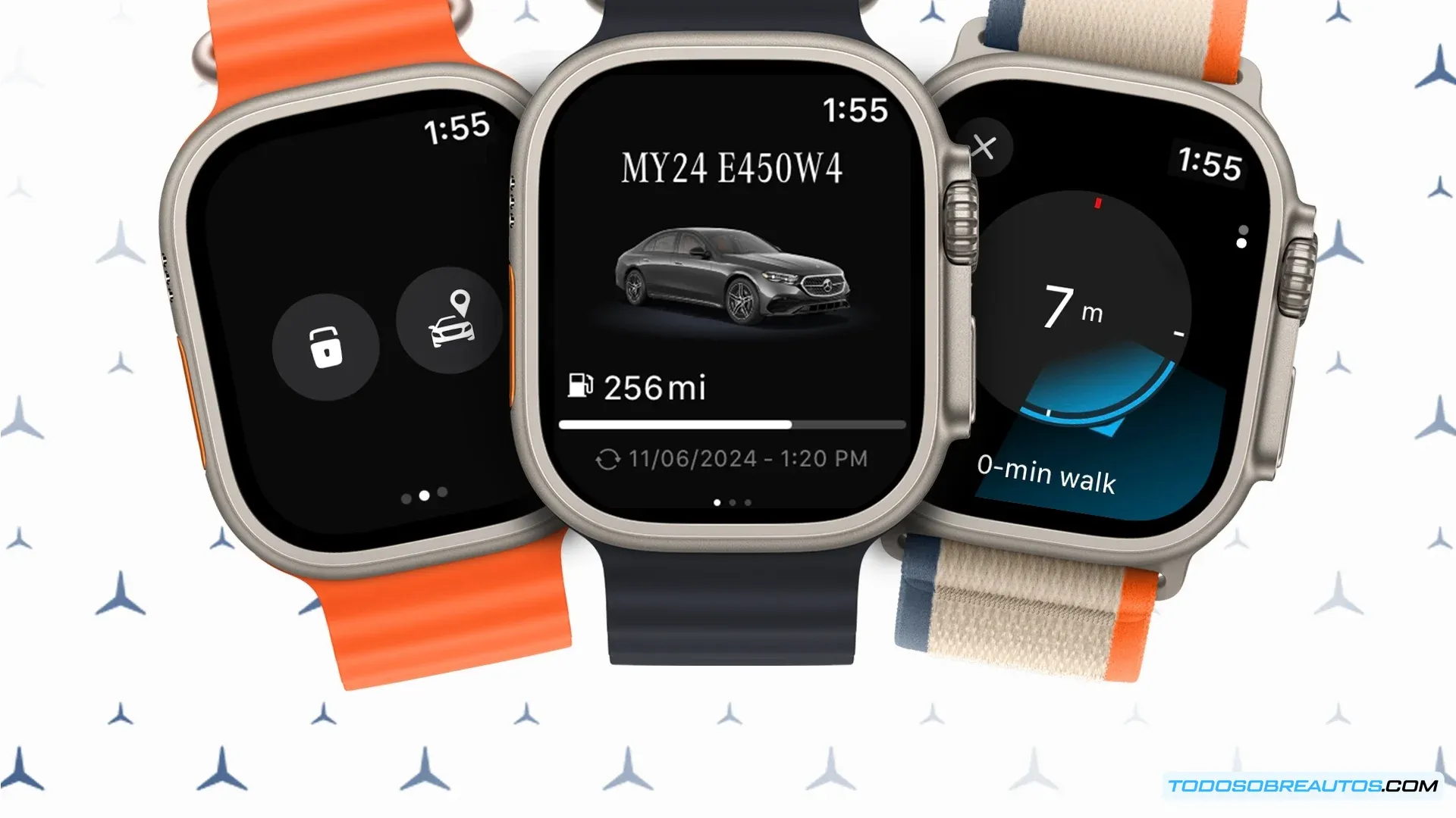 Interfaz de la aplicación Mercedes-Benz en Apple Watch mostrando opciones de control
