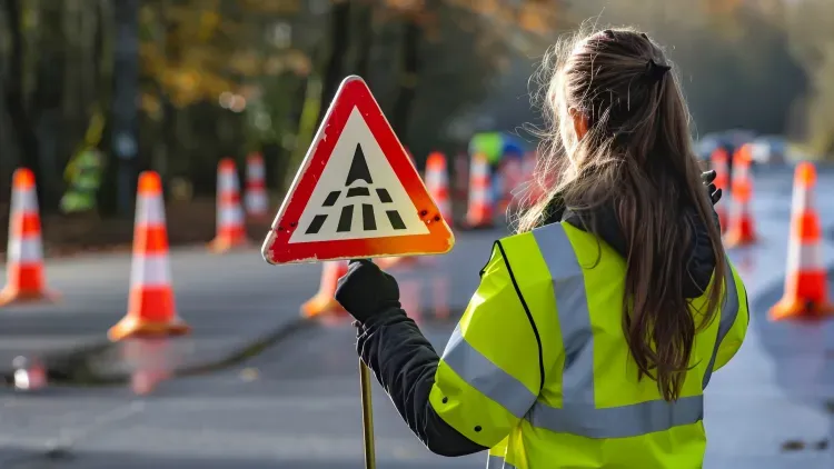 Una oficial de tránsito con una señal de alto, simbolizando la nueva Ley de Movilidad y Seguridad Vial.