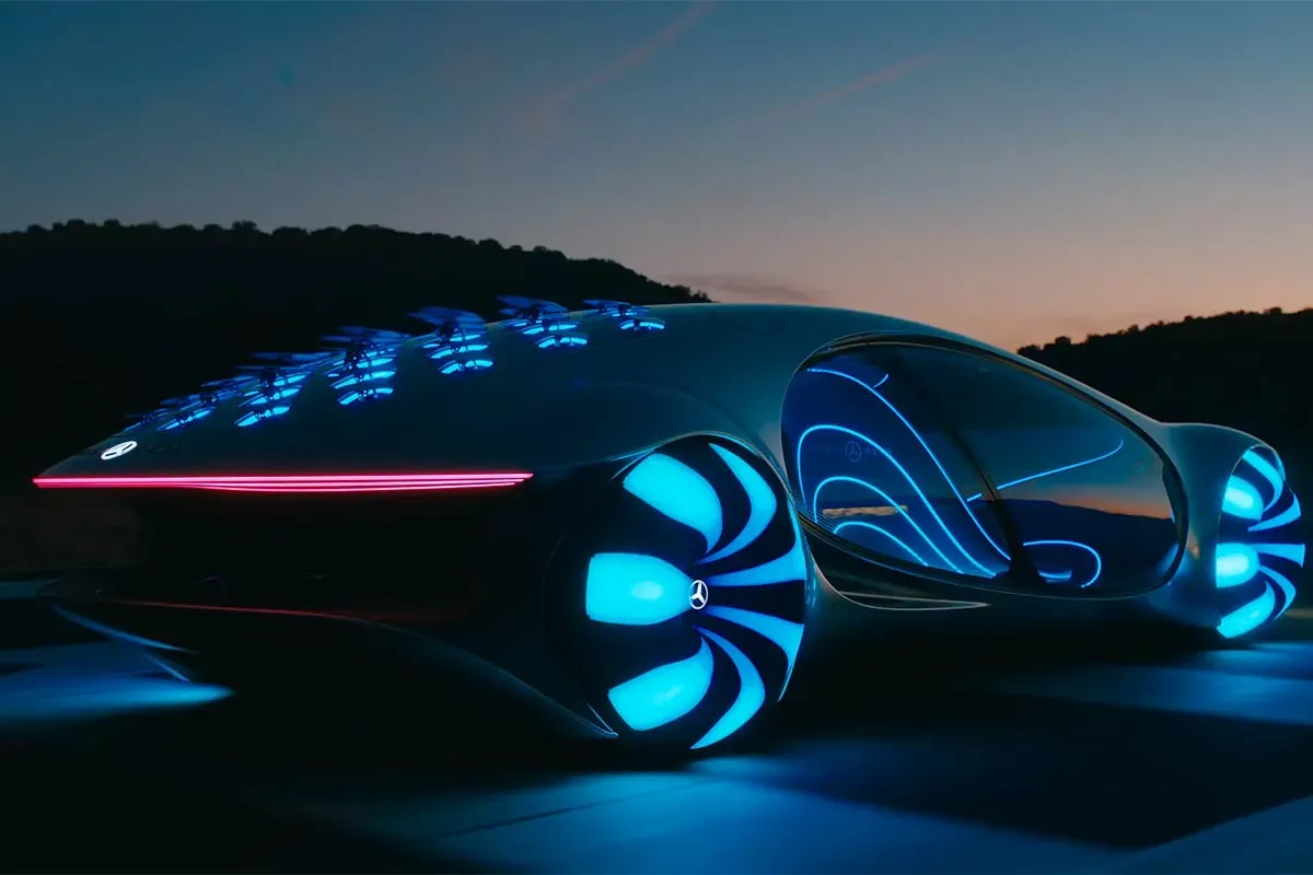 Vista trasera del Mercedes-Benz Vision AVTR mostrando los detalles de los flaps biónicos