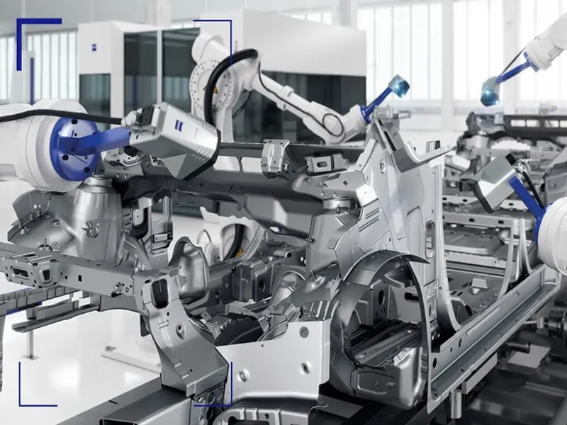 Máquina de medición por coordenadas (CMM) inspeccionando una pieza compleja de automóvil