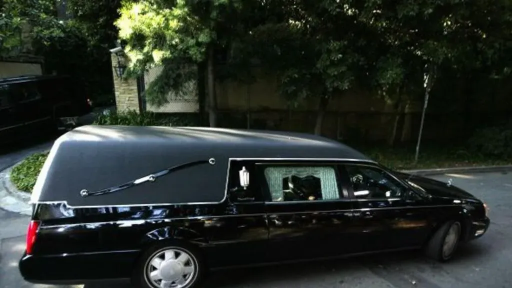 Vista lateral de la carroza fúnebre mostrando las proporciones del vehículo y el motor