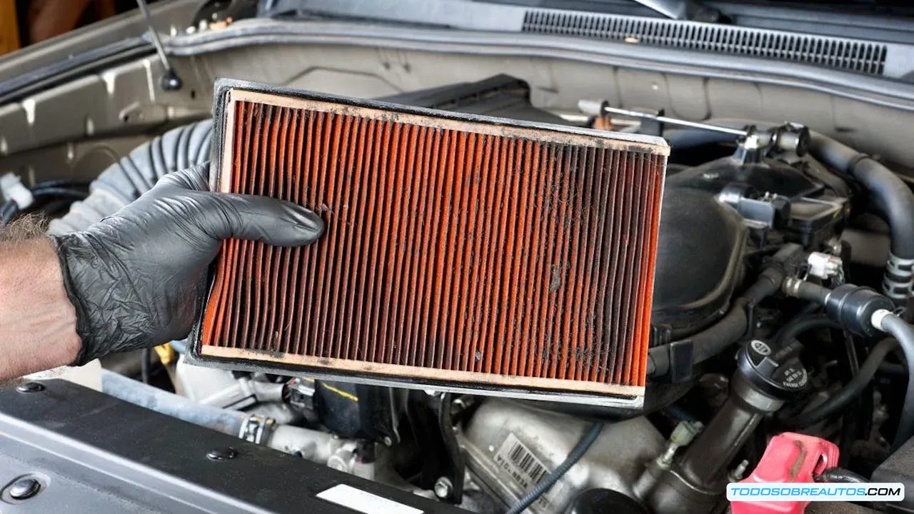 Imagen de un filtro de aire sucio, mostrando la suciedad acumulada.