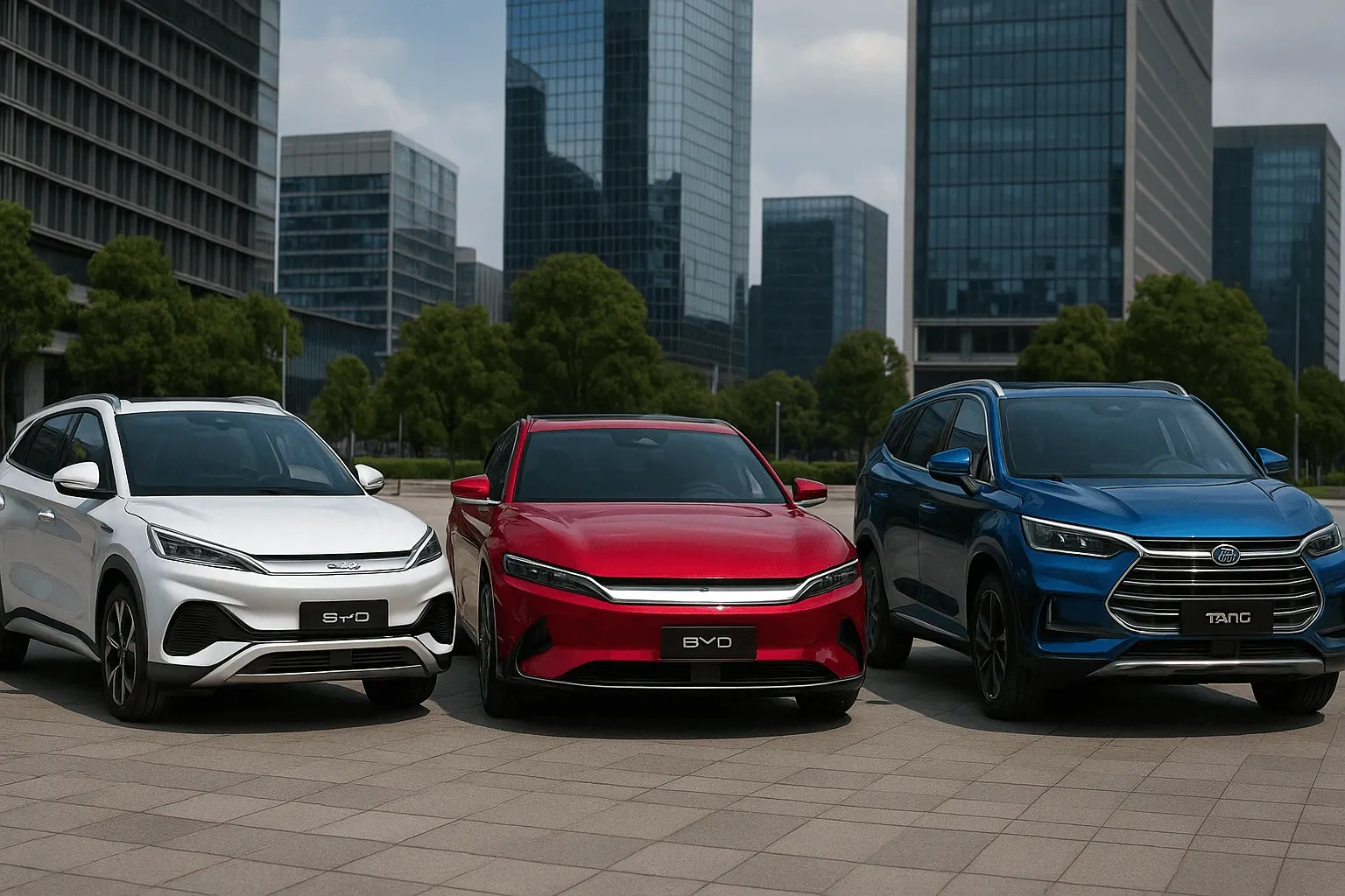 Foto realista con tres autos BYD: Atto 3 SUV compacto, Han sedán de lujo y Tang SUV de siete plazas, alineados en una plaza urbana