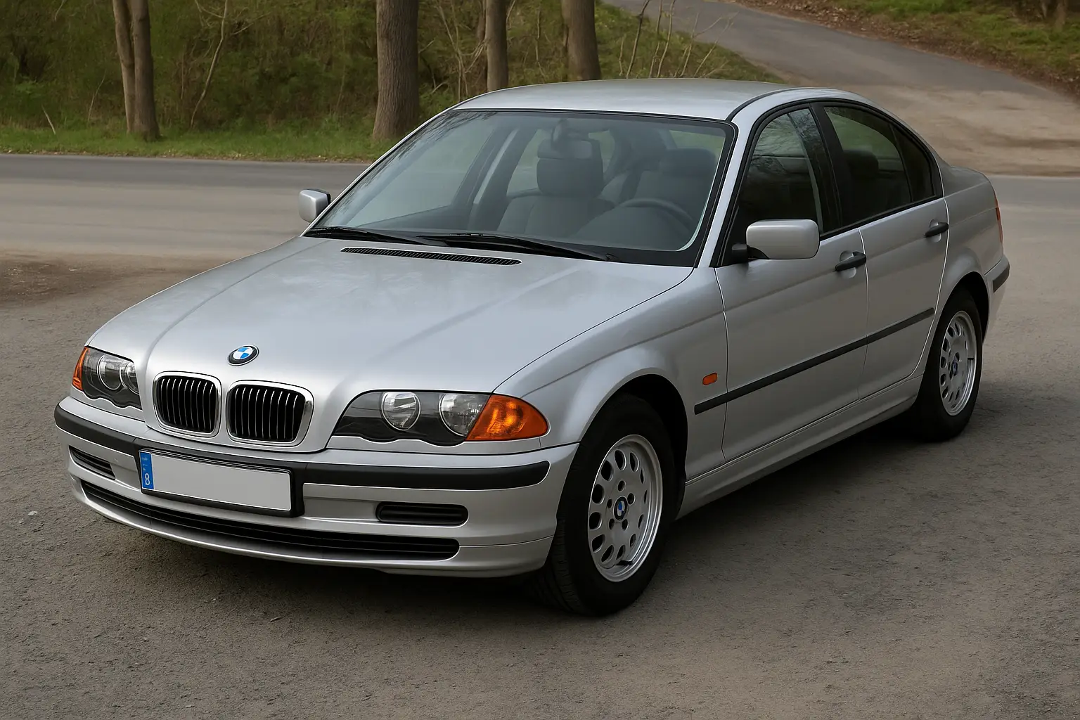 BMW E46 Compact plateado estacionado en un camino rural, modelo 2000-2004