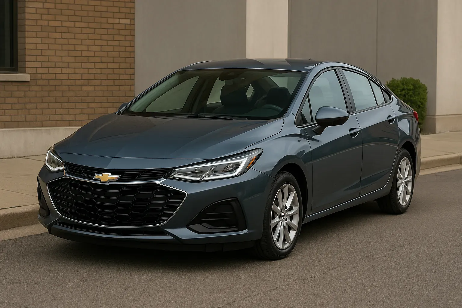 Chevrolet Cruze 2025 azul metálico, vista frontal tres cuartos en calle urbana