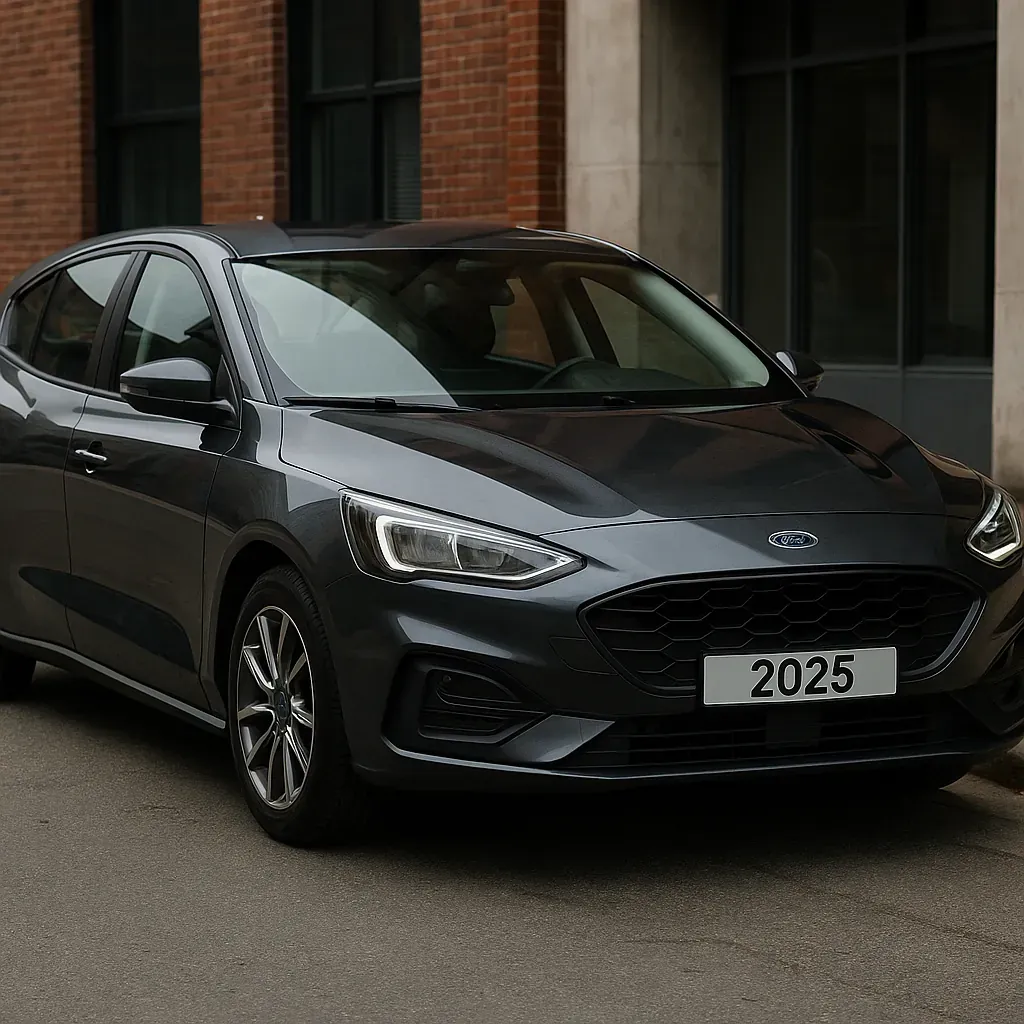 Ford Focus 2025 gris oscuro en calle urbana, vista frontal tres cuartos