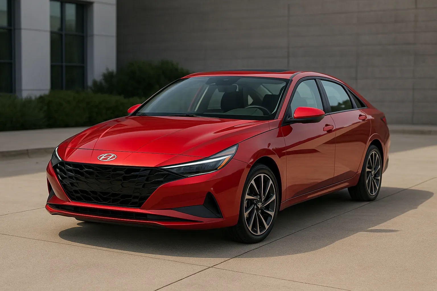 Hyundai Elantra 2025 rojo en entorno urbano, vista frontal tres cuartos