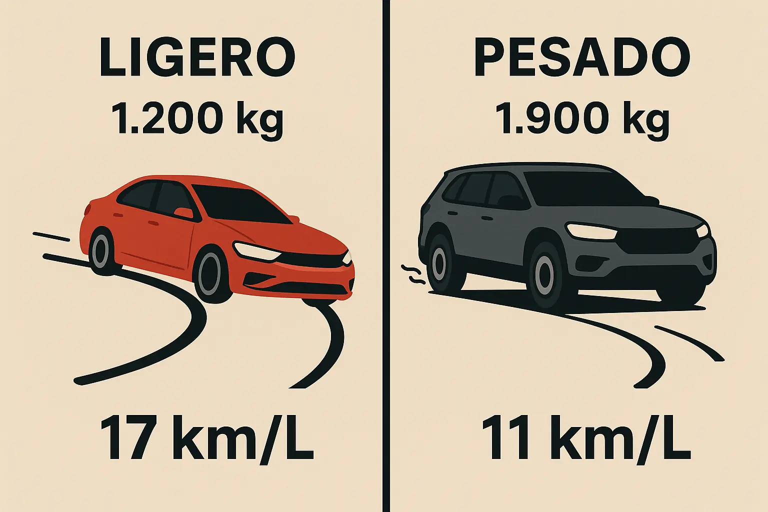 Comparativa visual del impacto del peso de un auto en el manejo y la eficiencia