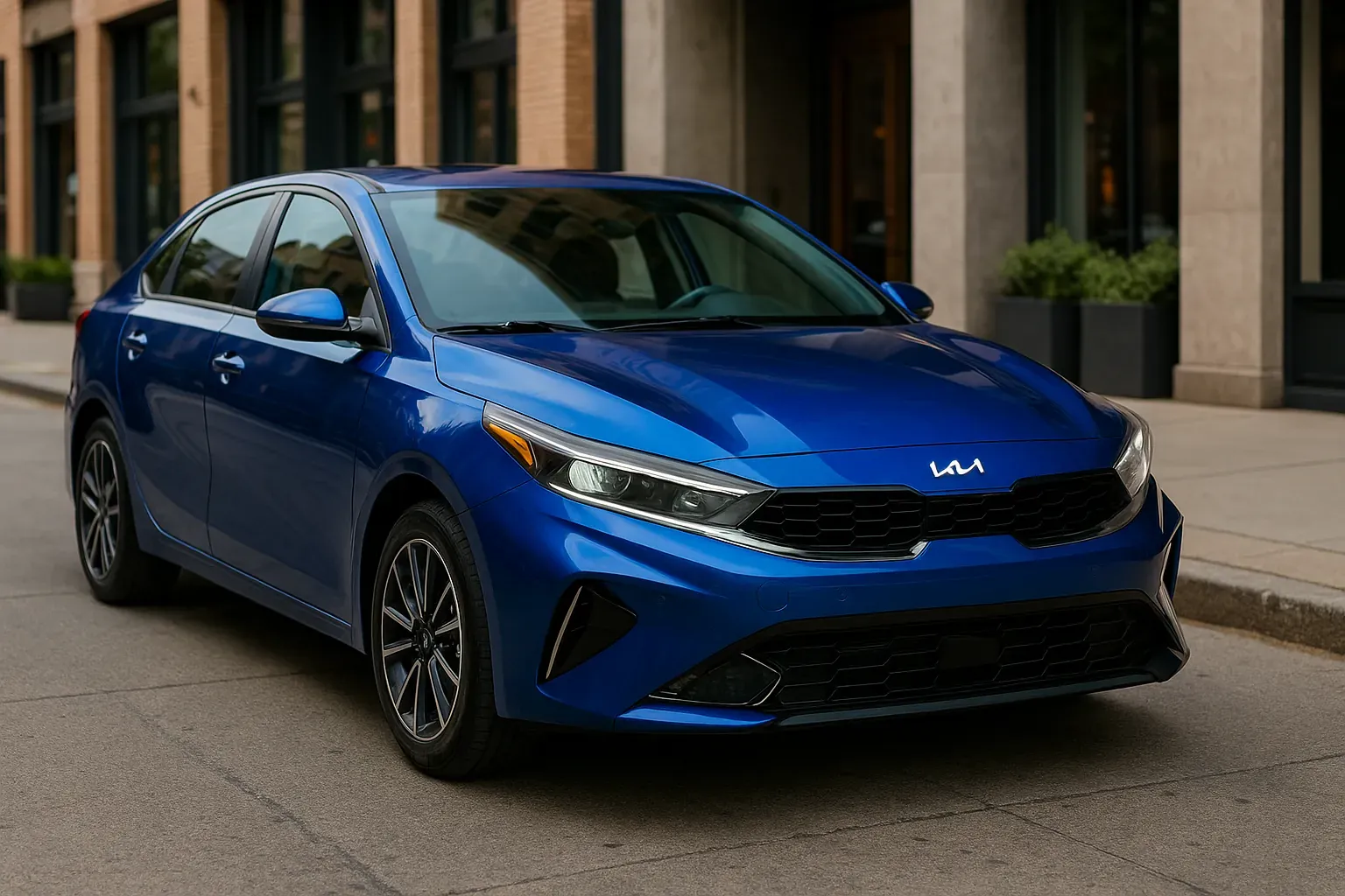 Kia Forte 2025 azul metálico en calle urbana, vista frontal tres cuartos