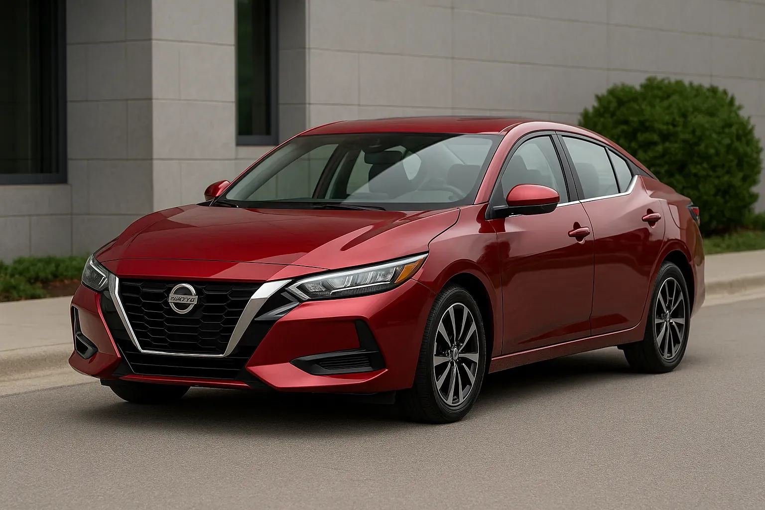 Nissan Sentra 2025 rojo metálico, vista frontal tres cuartos