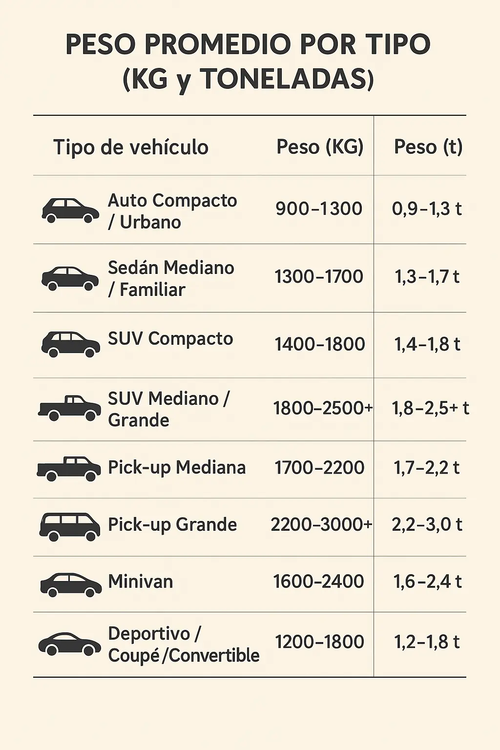 tabla peso autos