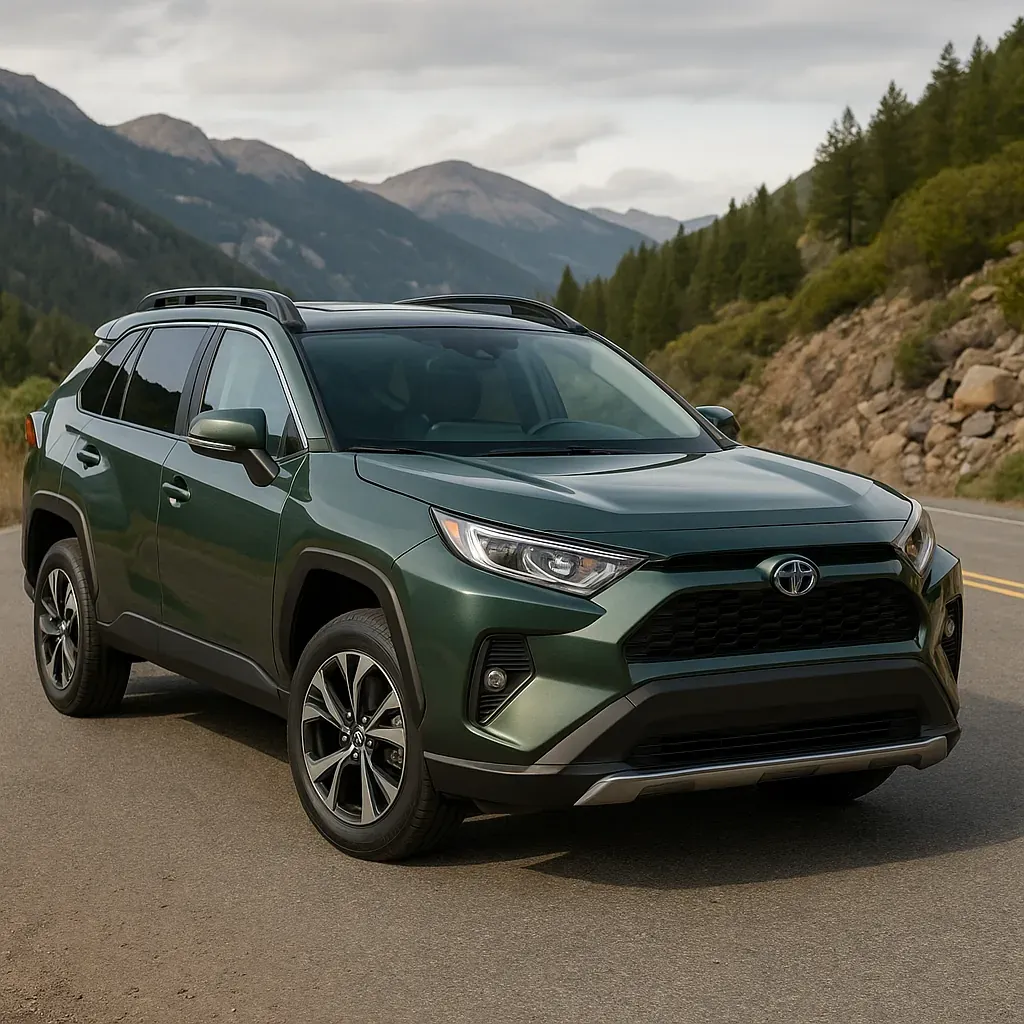 Toyota RAV4 2025 verde en carretera de montaña, vista frontal tres cuartos