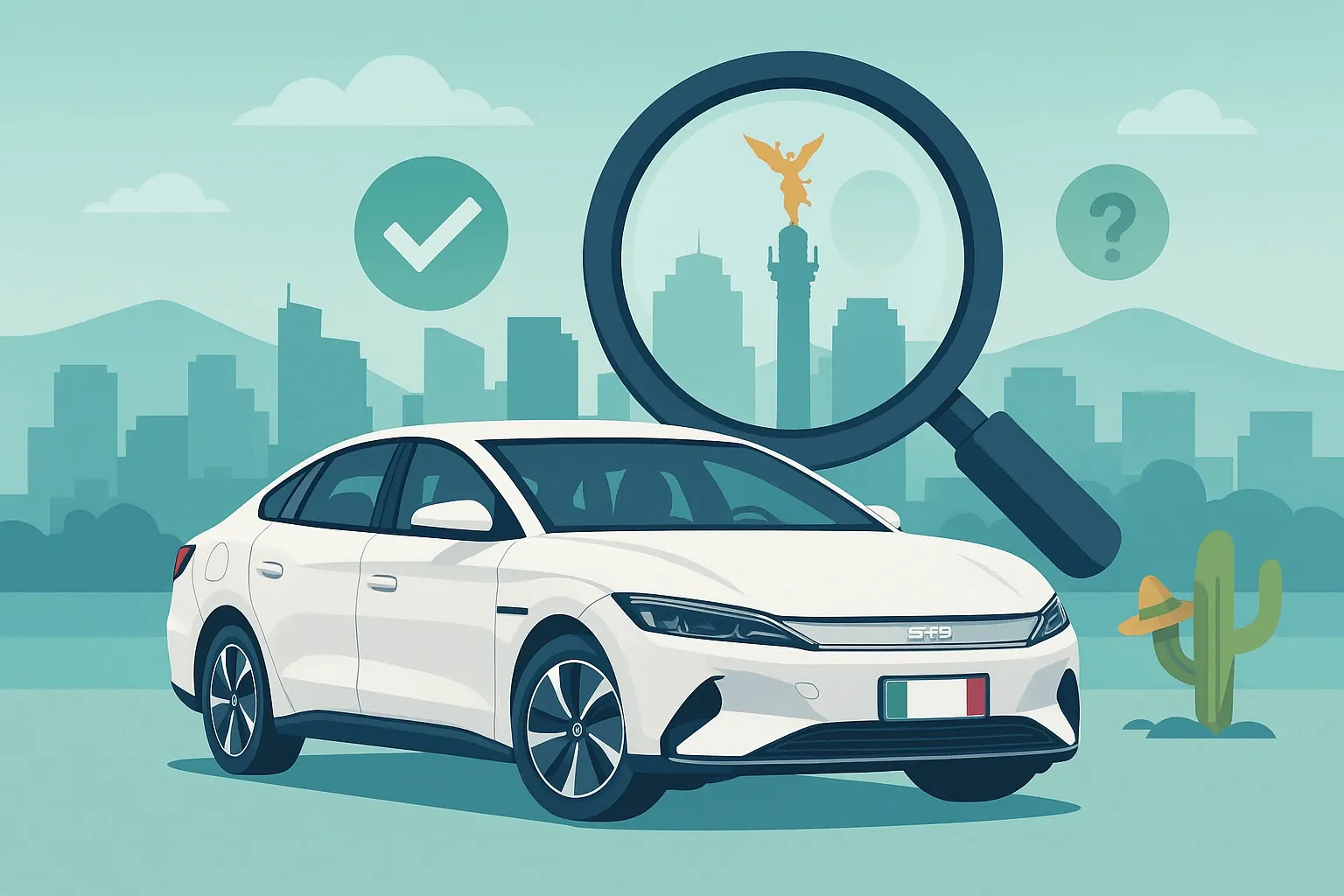 Ilustración de un auto eléctrico BYD usado con lupa y skyline de Ciudad de México, simbolizando la evaluación de comprar un BYD eléctrico de segunda mano en México
