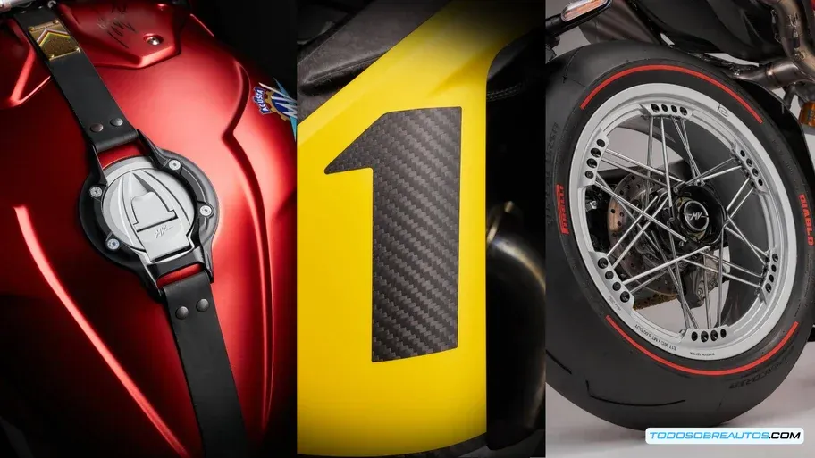 Primer plano de detalles estéticos de la MV Agusta Superveloce 1000 Ago, como el asiento o las llantas.