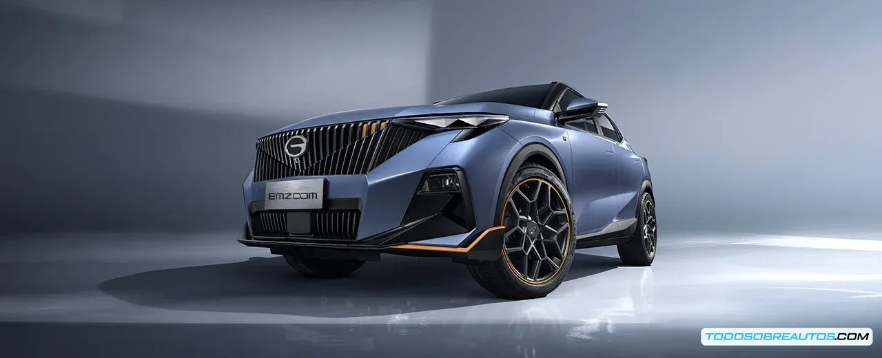 Primer plano frontal del GAC EMZOOM 2026 mostrando su parrilla Flying Wing y faros LED Laser-Eye