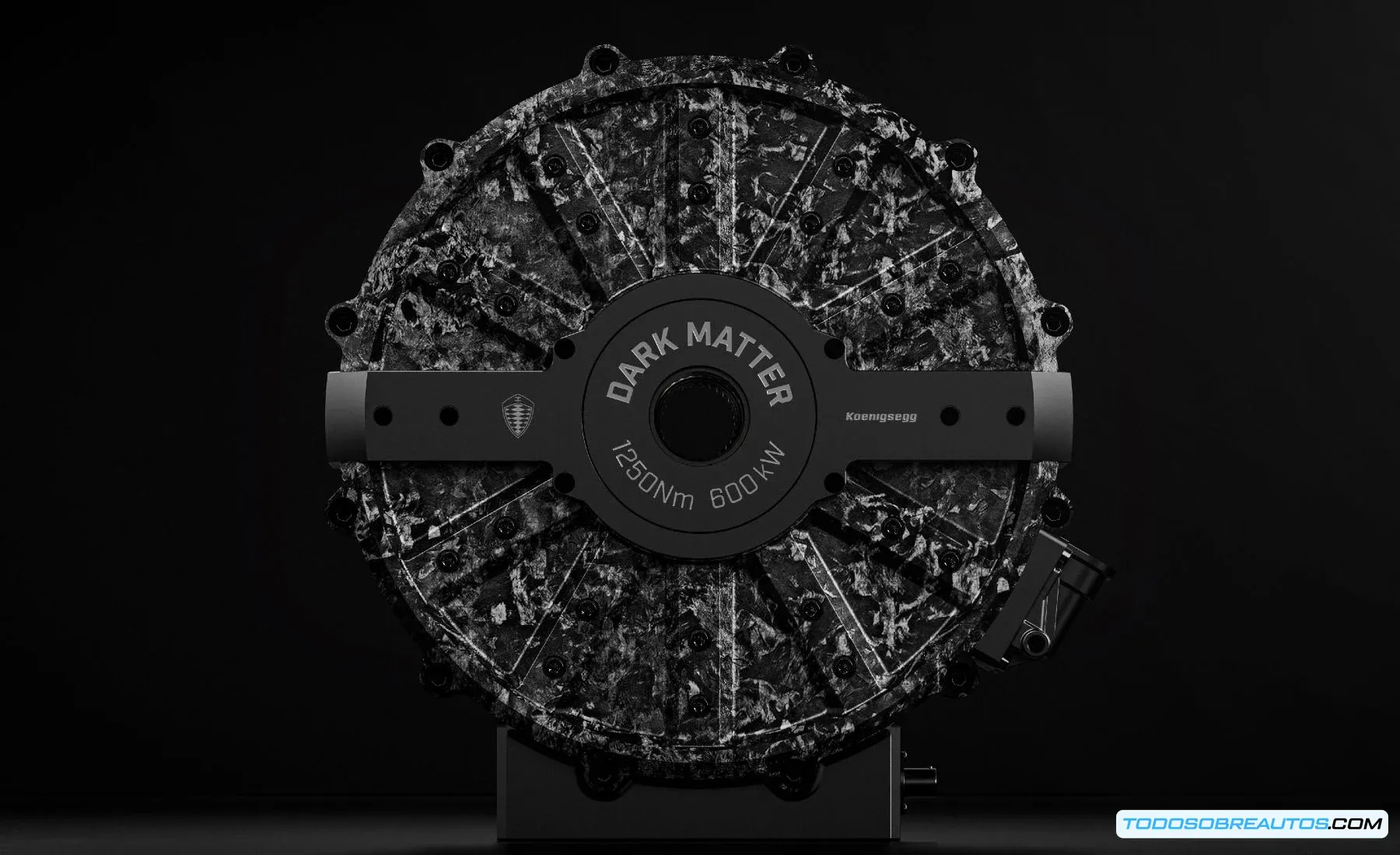 Imagen detallada del motor Koenigsegg Dark Matter mostrando sus componentes.