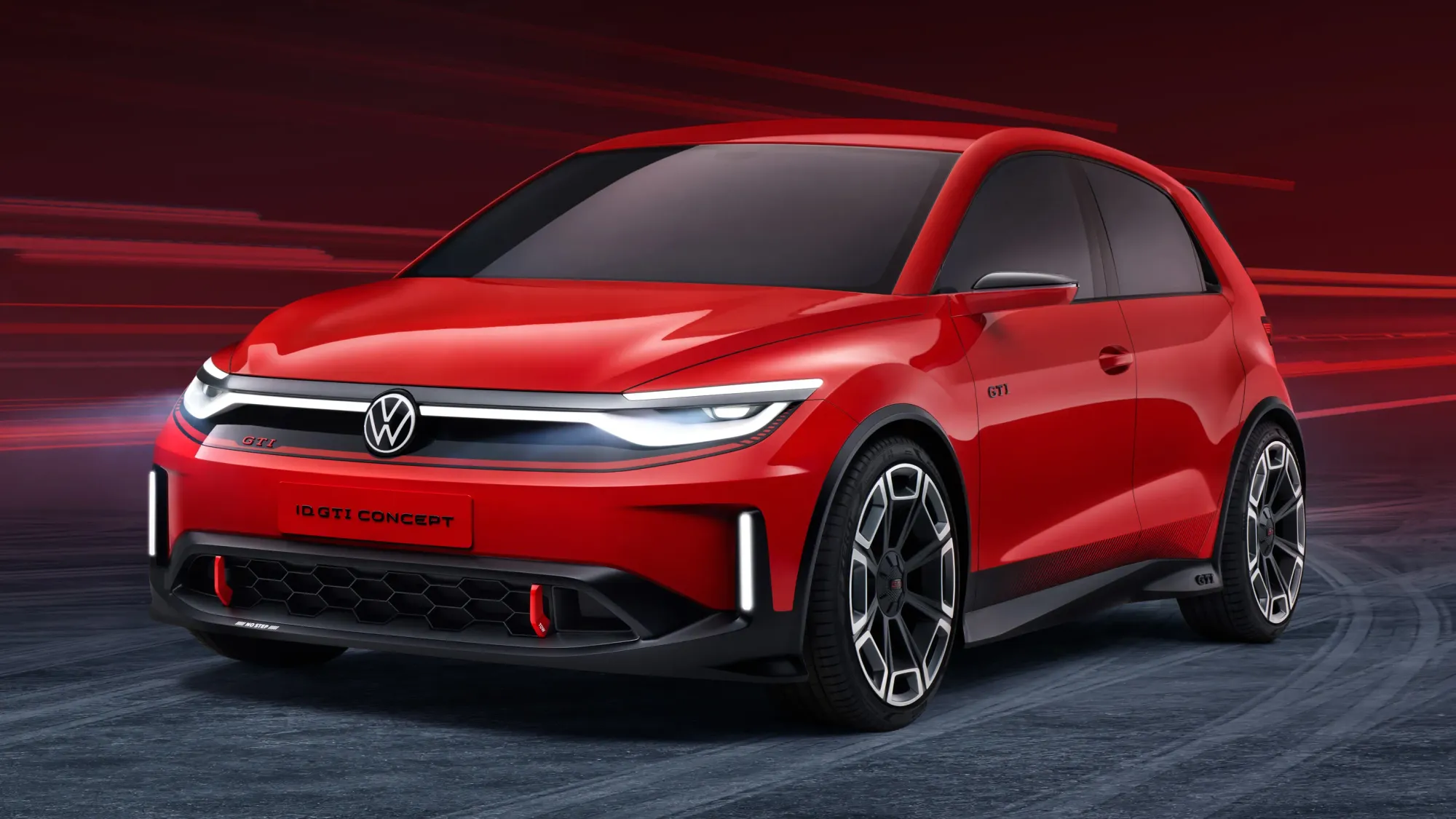 Volkswagen ID. GTI Concept Un coche eléctrico deportivo en rojo, con un diseño dinámico y agresivo.
