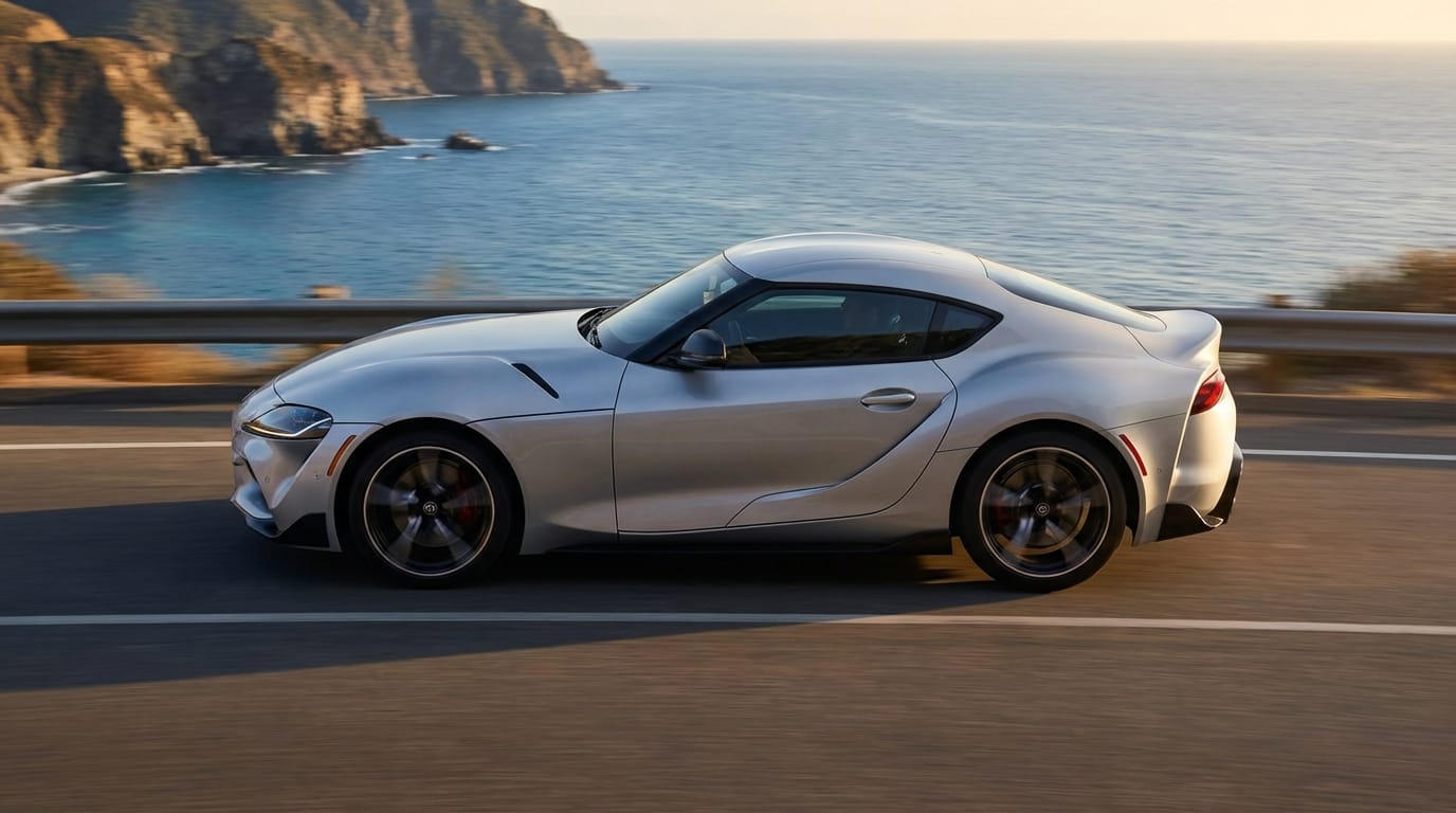 Toyota Supra 2023 - Perfil lateral en movimiento en carretera costera