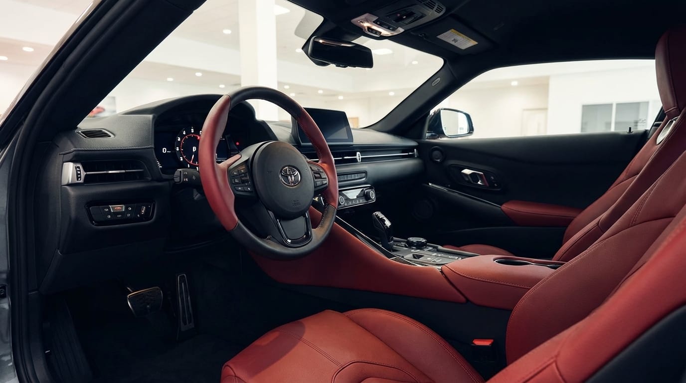 Toyota Supra 2023 - Interior con asientos de cuero rojo y tablero digital
