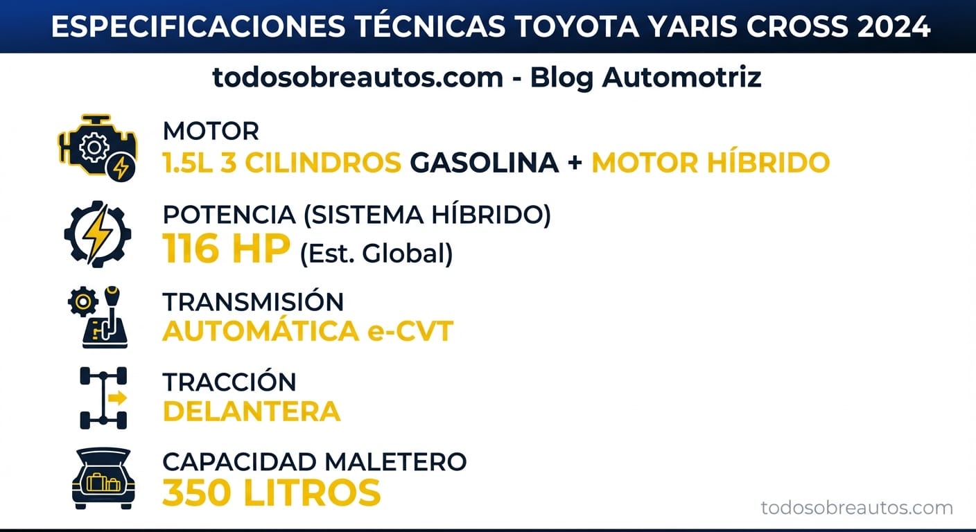 Infografía de especificaciones técnicas del Toyota Yaris Cross 2024