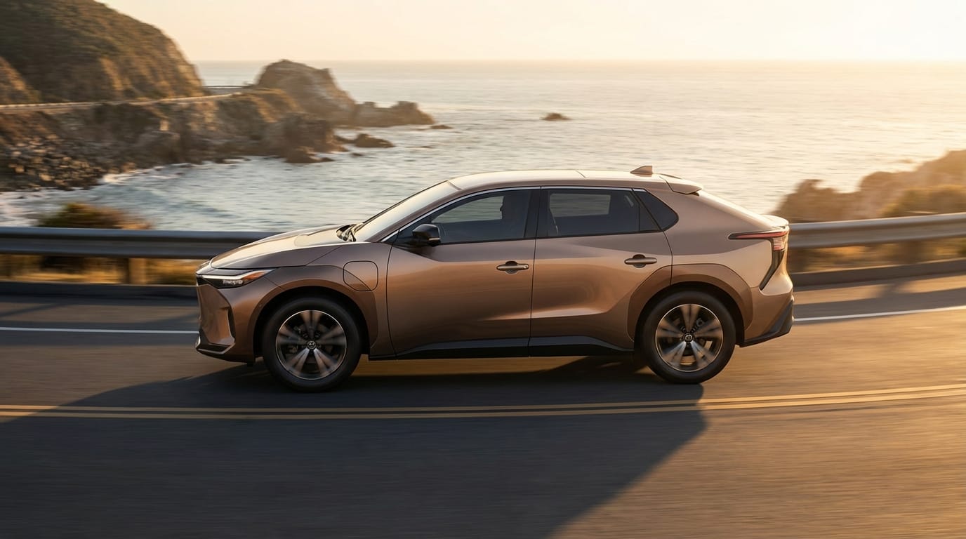 Toyota bZ5 - Perfil lateral en carretera costera