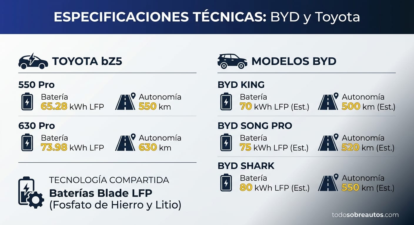 Infografía comparativa de especificaciones BYD y Toyota - Baterías y autonomía