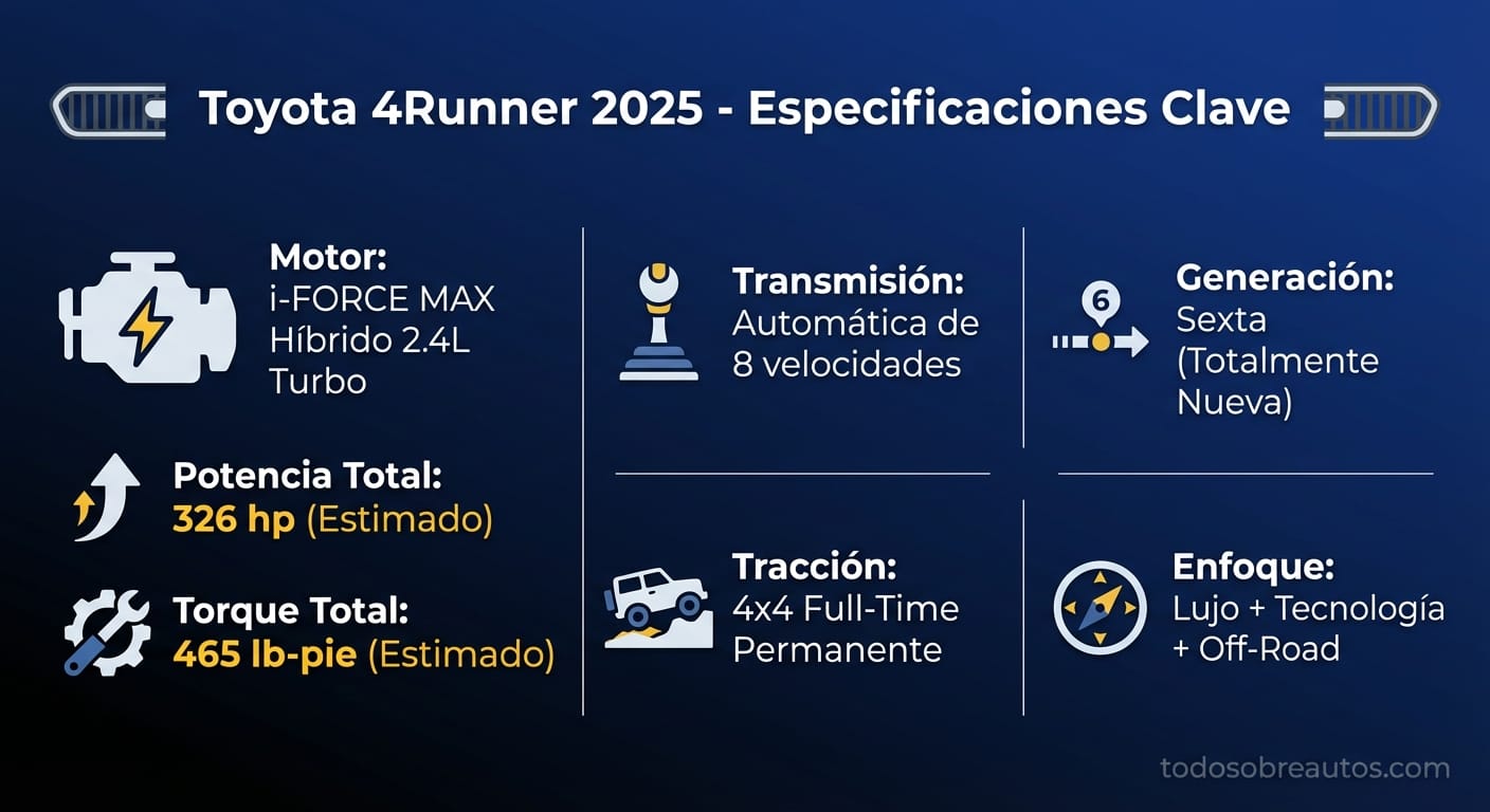 Infografía de especificaciones técnicas Toyota 4Runner 2025
