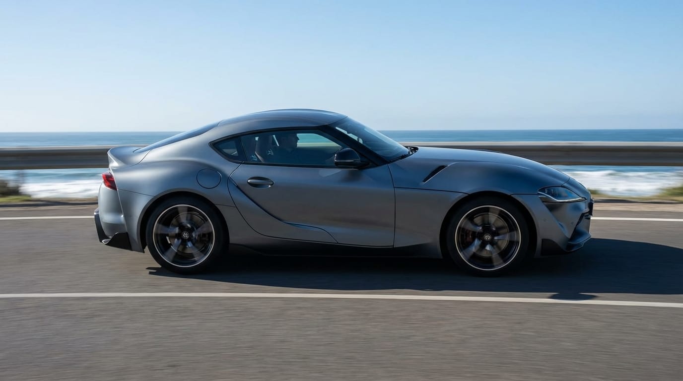 Toyota GR Supra A90 Final Edition - Perfil lateral en movimiento en carretera costera