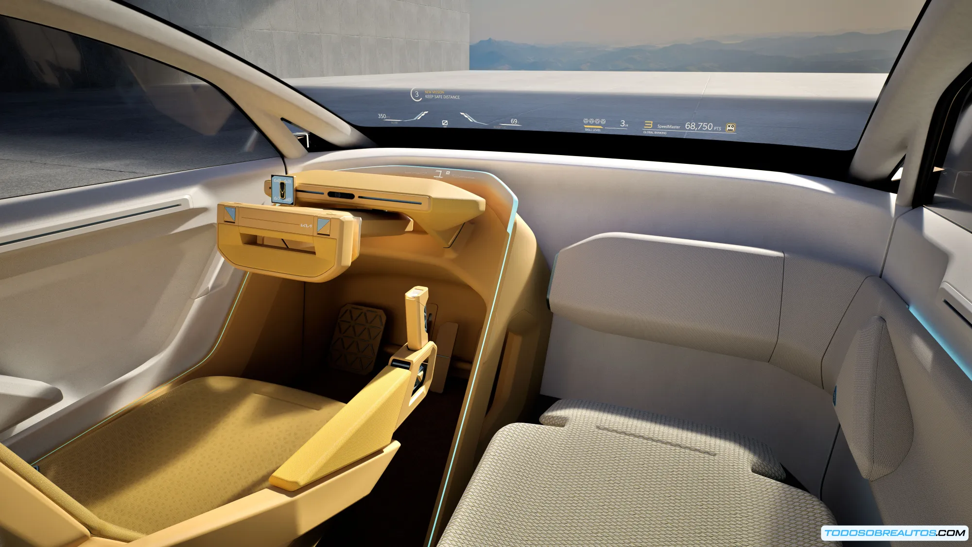 Vista frontal cercana del Kia Vision Meta Turismo Concept destacando los faros LED delgados y la parrilla integrada que se fusiona con el capó del vehículo