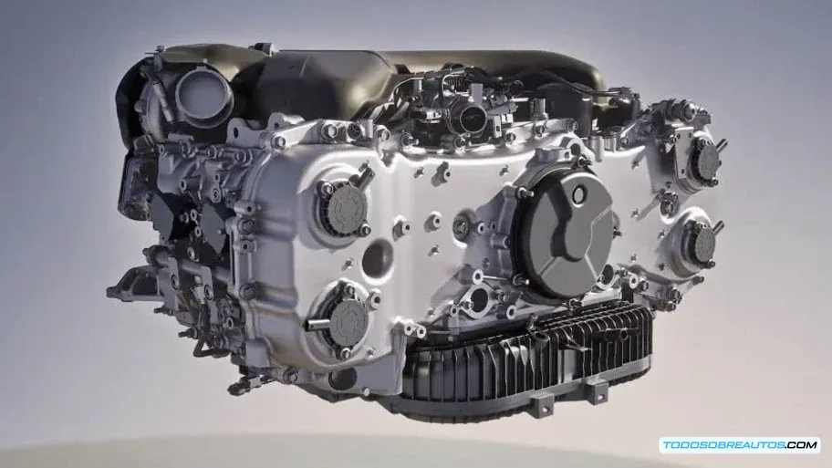 Motor bóxer turbo híbrido de 2.0 litros del BYD Yangwang U7 mostrando cilindros opuestos horizontalmente, turbocompresor y conexiones eléctricas en plataforma e4