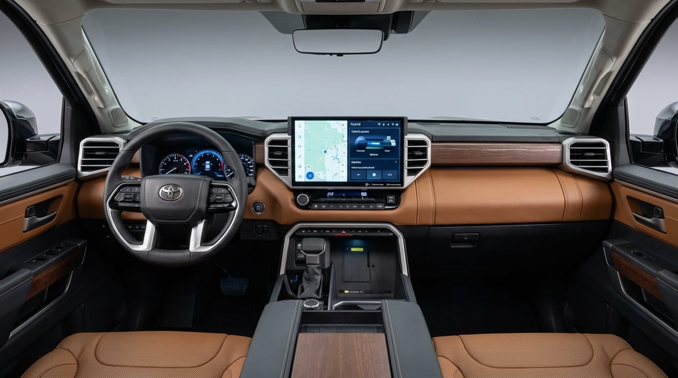 Toyota Tundra HEV 2025 - Interior moderno con pantalla táctil y displays del sistema híbrido