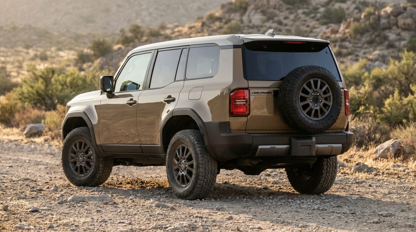 Toyota Land Cruiser FJ 2025 - Vista trasera 3/4 en terreno ligero fuera de carretera