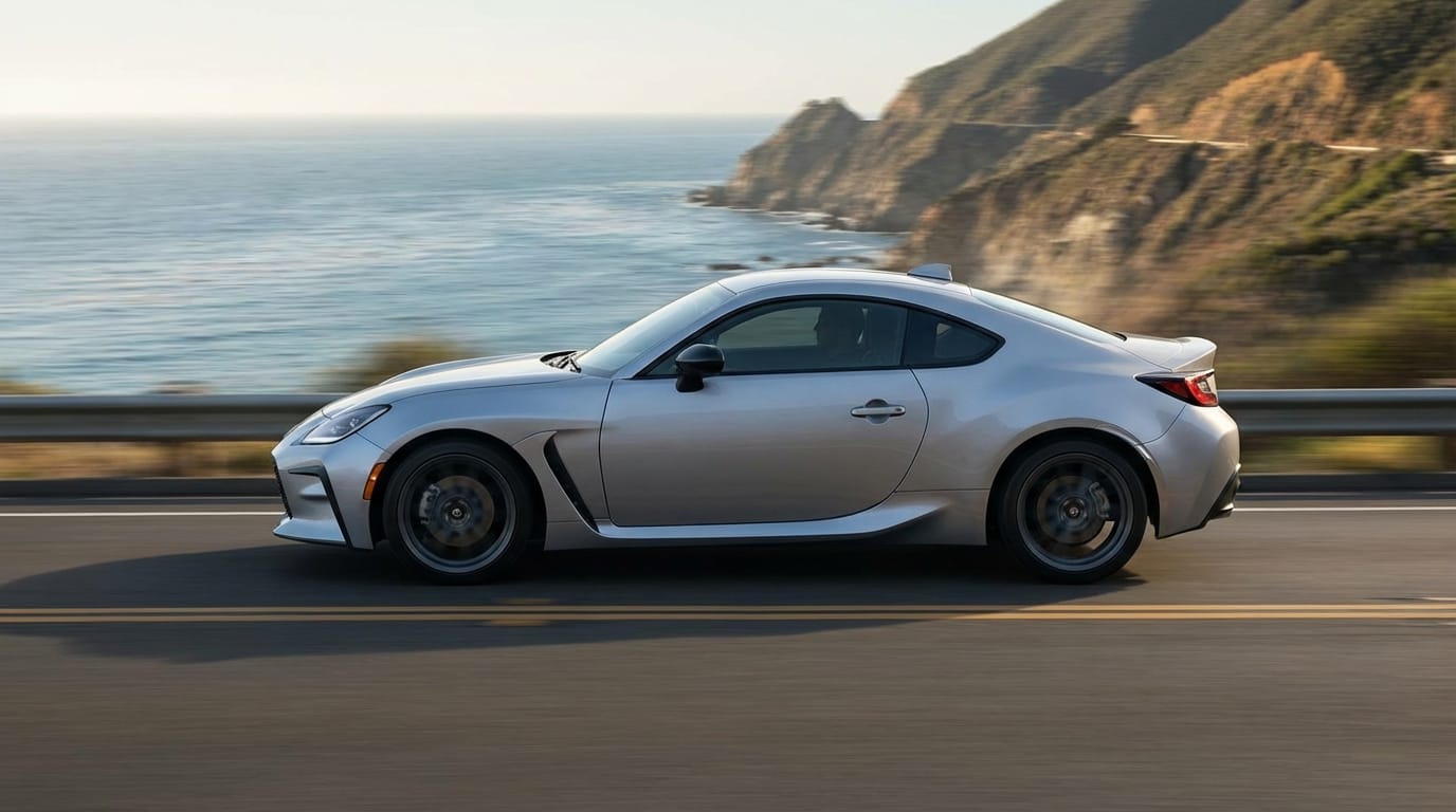 Toyota GR86 2027 - Perfil lateral en movimiento en carretera de montaña