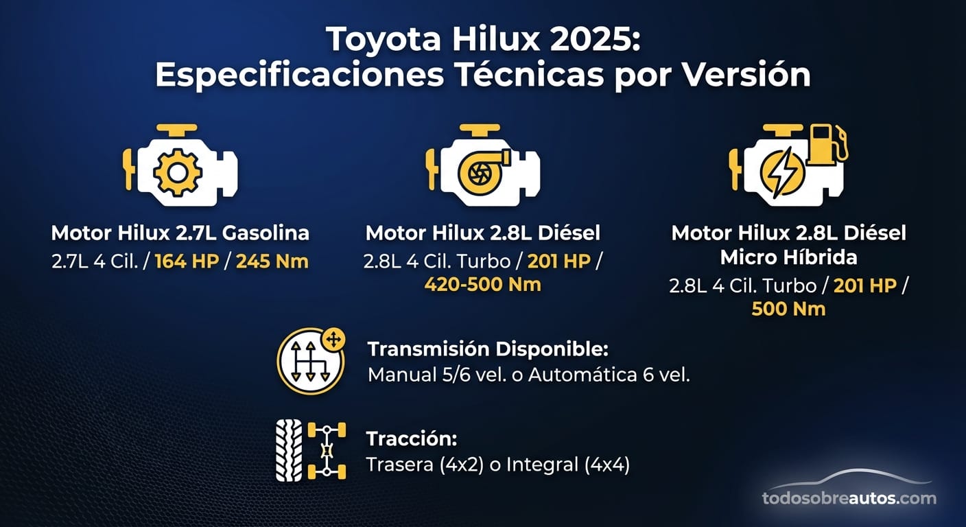 Infografía de especificaciones técnicas - Toyota Hilux 2025