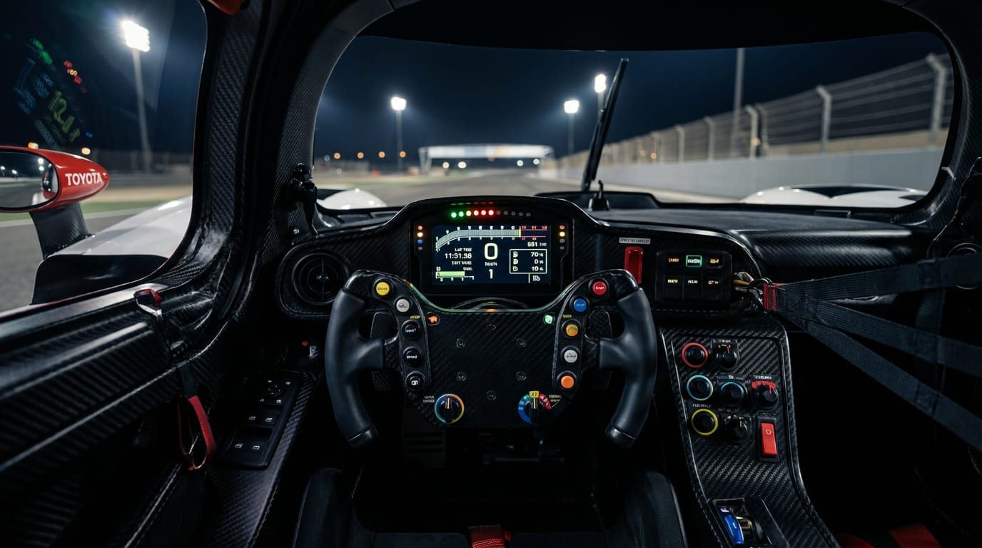 Detalle del cockpit y telemetría de un Hypercar durante la noche en Le Mans