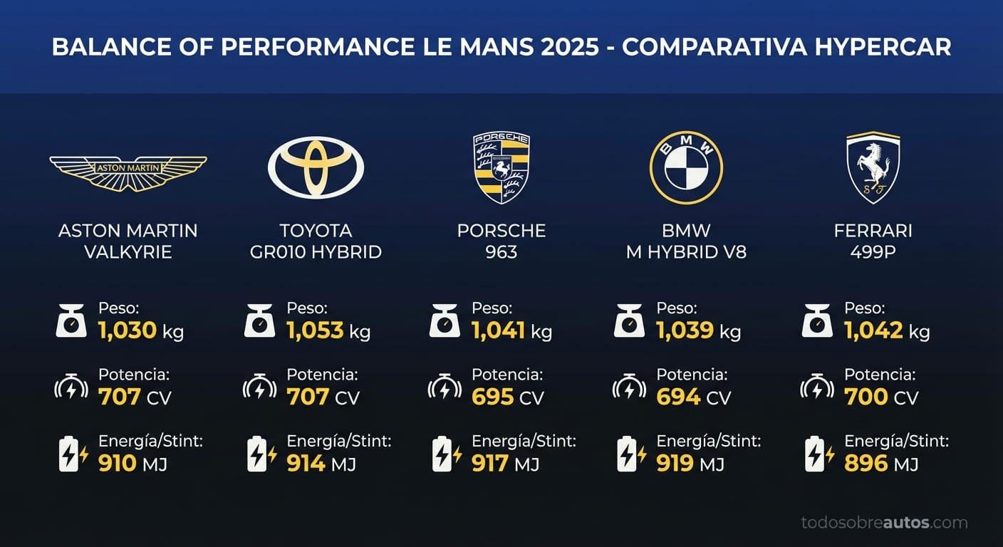 Infografía comparativa de especificaciones BoP para Hypercar en Le Mans 2025