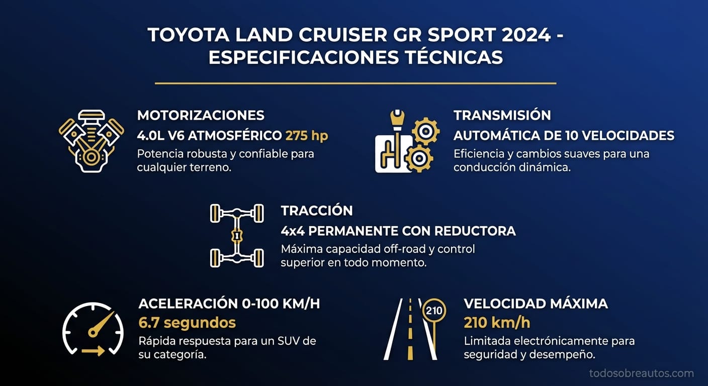 Infografía de especificaciones técnicas del Toyota Land Cruiser GR Sport 2024