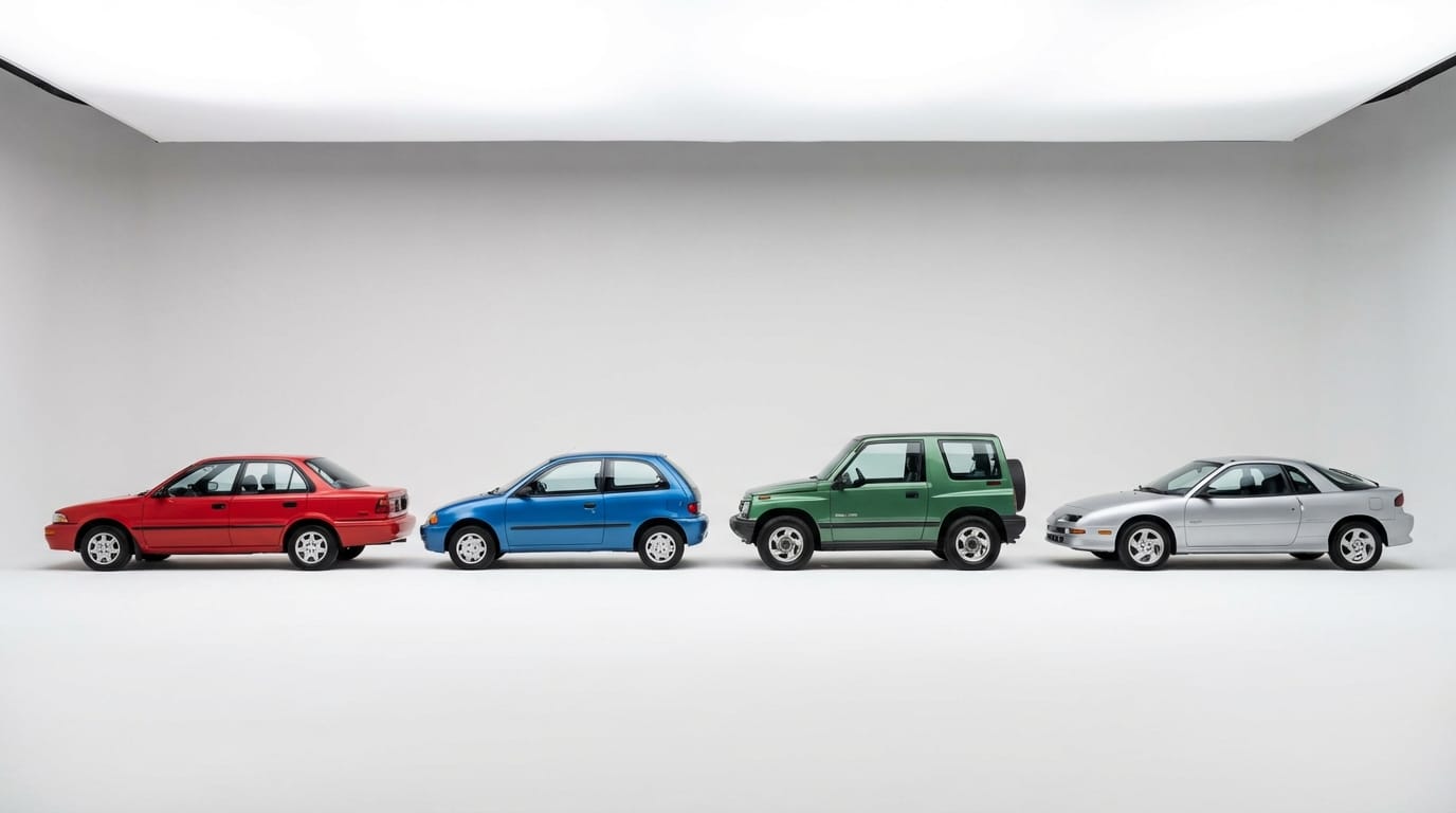 Lineup de los 4 modelos principales de la marca Geo: Prizm, Metro, Tracker y Storm