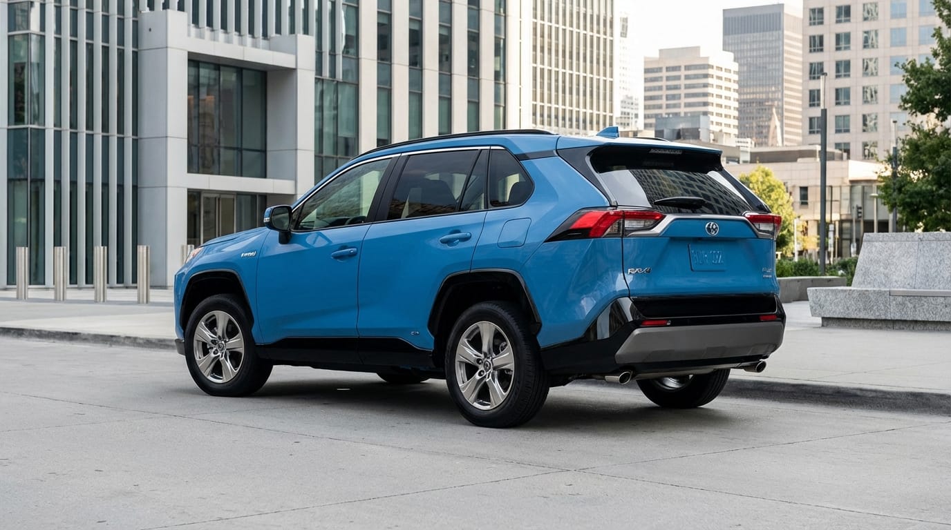 Toyota RAV4 Hybrid 2025 - Vista trasera y lateral en entorno urbano