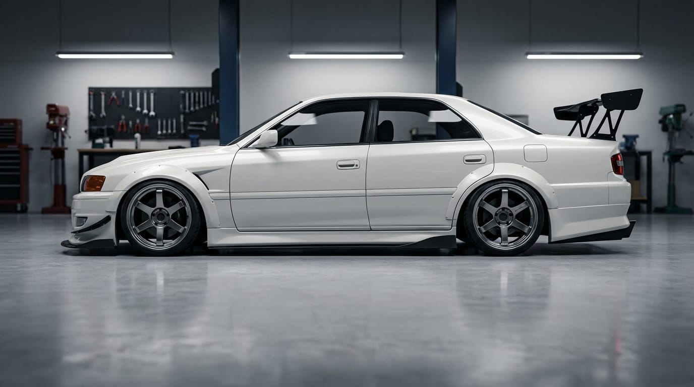 Toyota Chaser JZX100 - Perfil lateral mostrando kit de carrocería ancha y alerón trasero