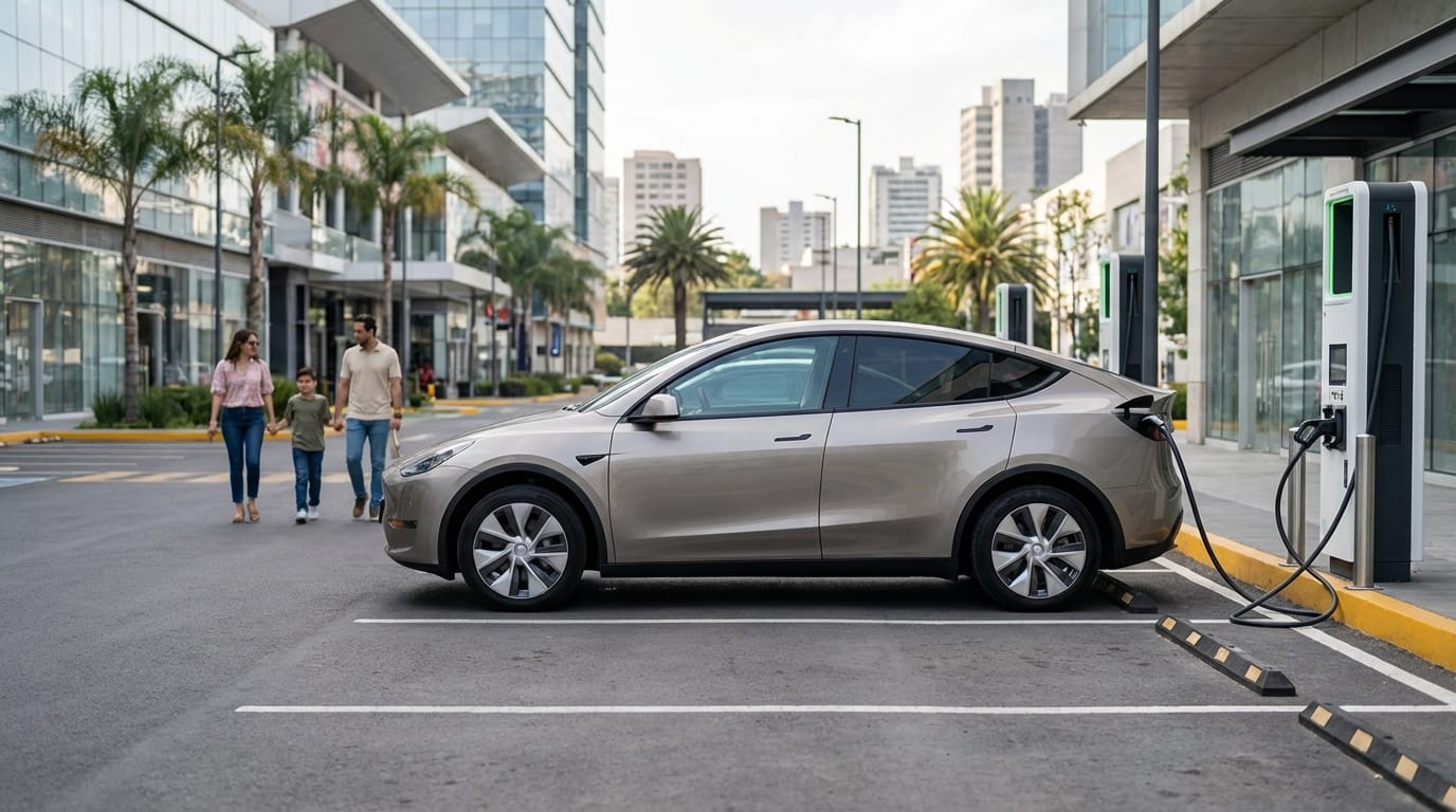 Auto eléctrico cargando en estación pública rápida en centro comercial mexicano, contexto familiar