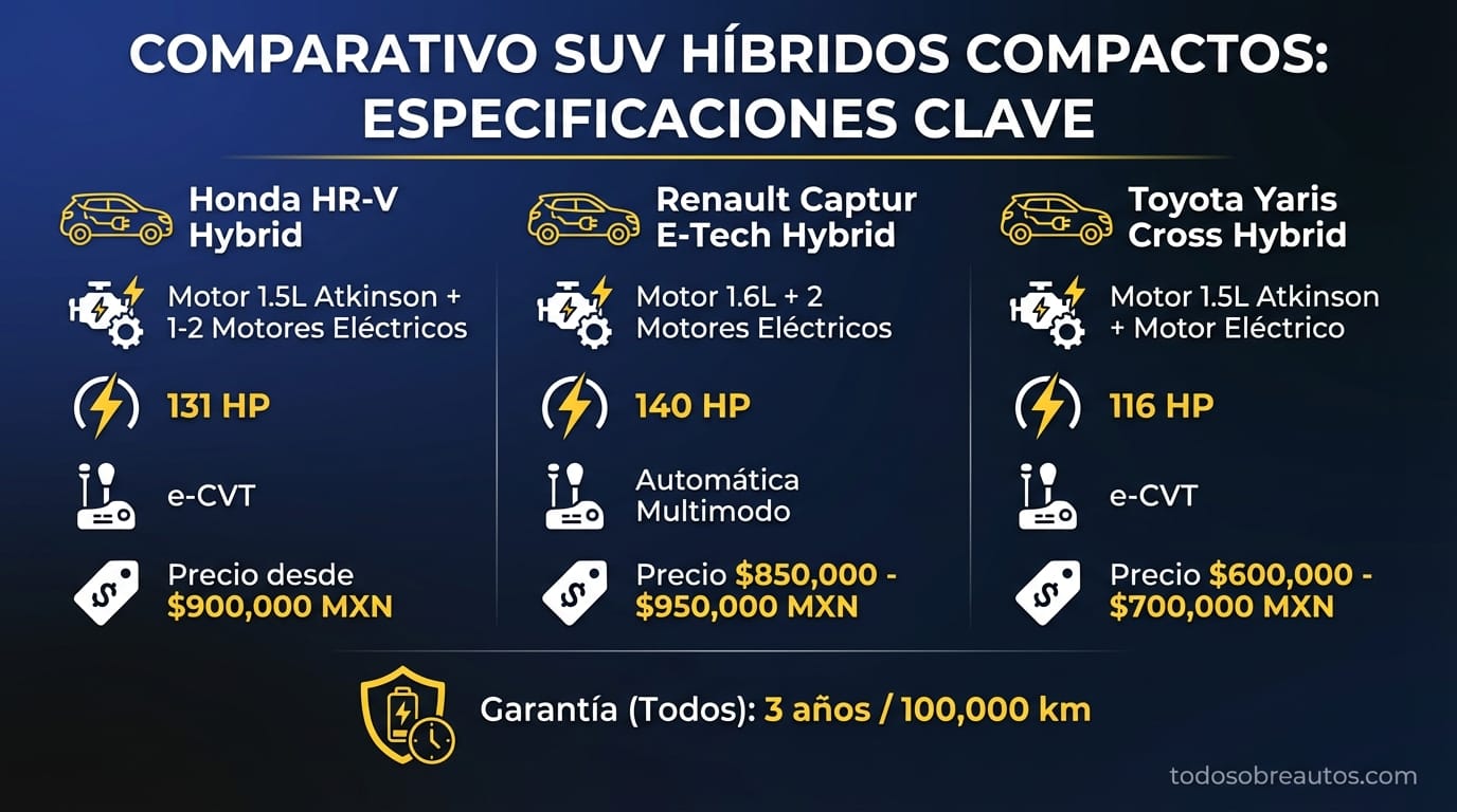 Infografía comparativa de especificaciones: Honda HR-V Hybrid vs Renault Captur E-Tech Hybrid vs Toyota Yaris Cross Hybrid