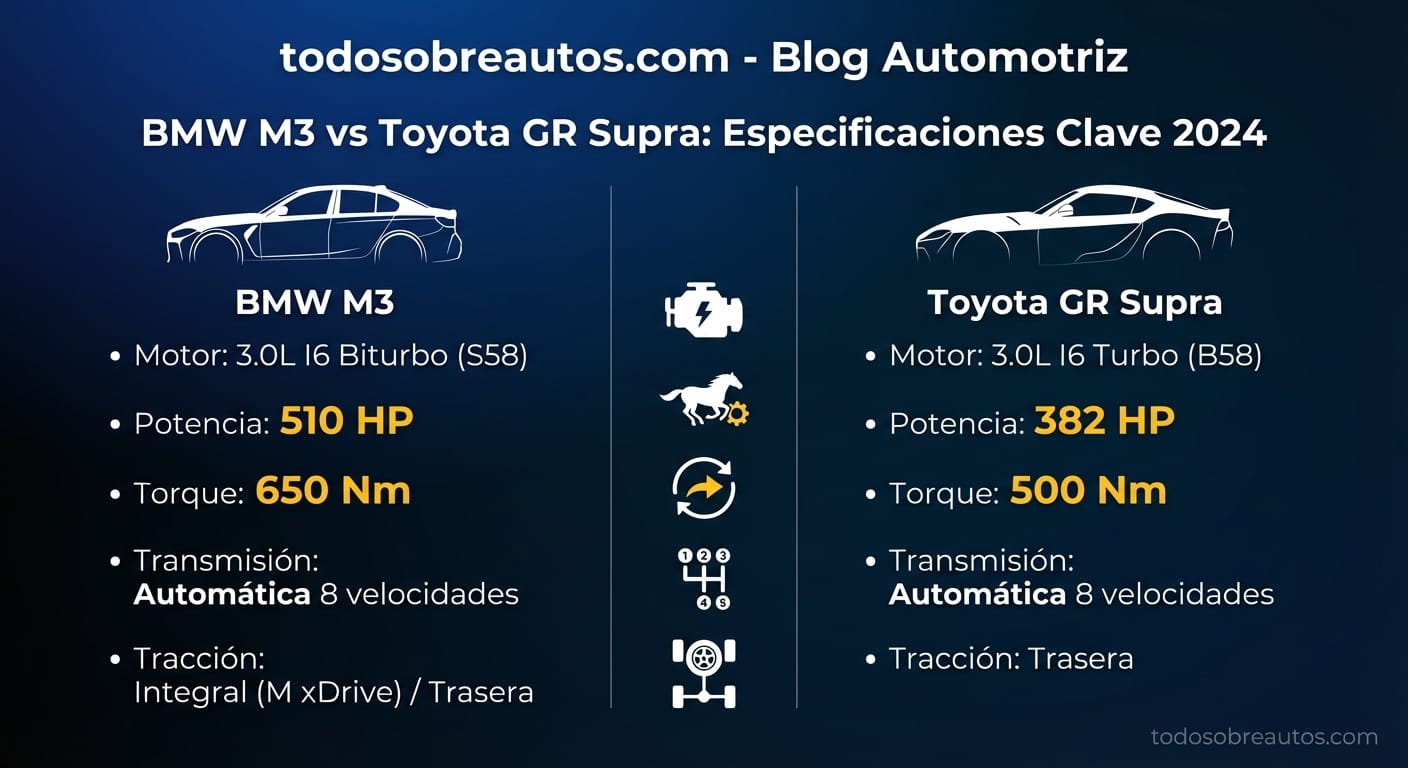 Infografía comparativa de especificaciones técnicas: BMW M3 Competition vs Toyota GR Supra 3.0