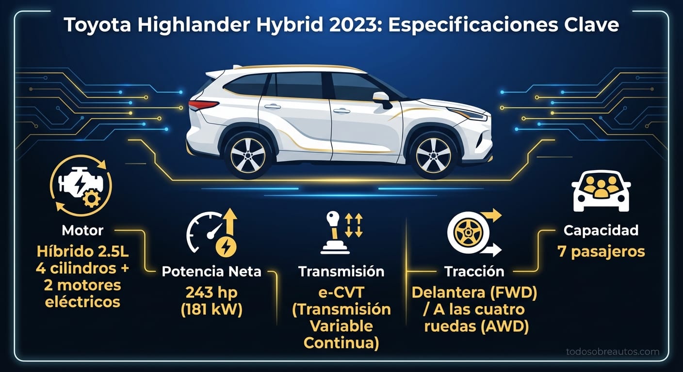 Infografía de especificaciones del Toyota Highlander Hybrid 2023