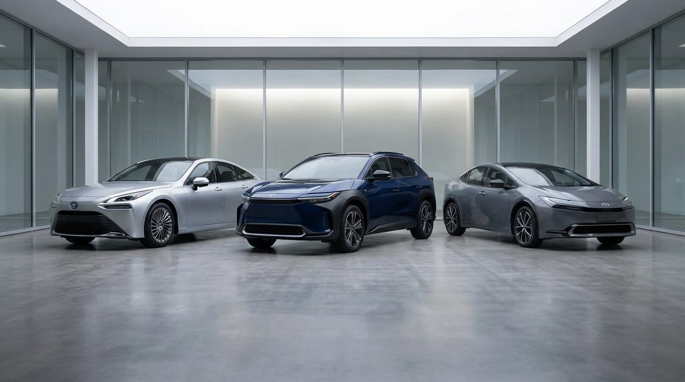 Lineup de vehículos Toyota representando la estrategia de múltiples vías: híbrido, eléctrico y pila de combustible
